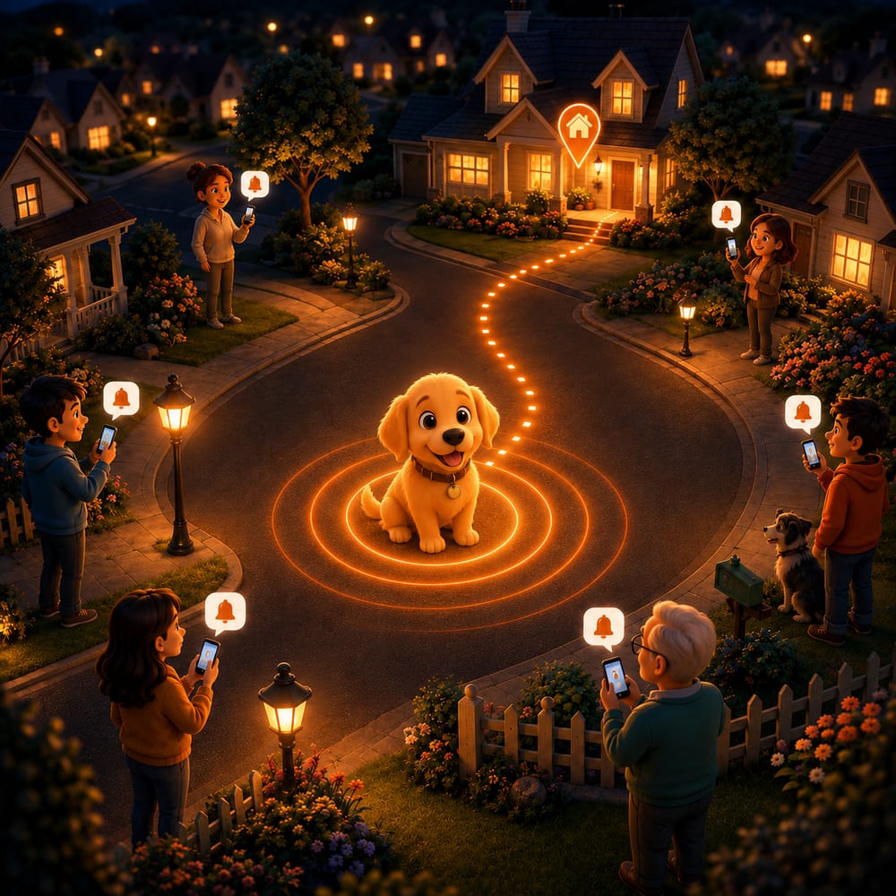 A glowing golden puppy stands inside a beacon signal ring on a neighbourhood street at dusk while neighbours nearby receive alerts on their phones and a trail of light leads home.
